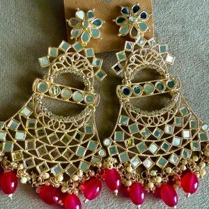 Gold and Red Beaded kundan Earrings